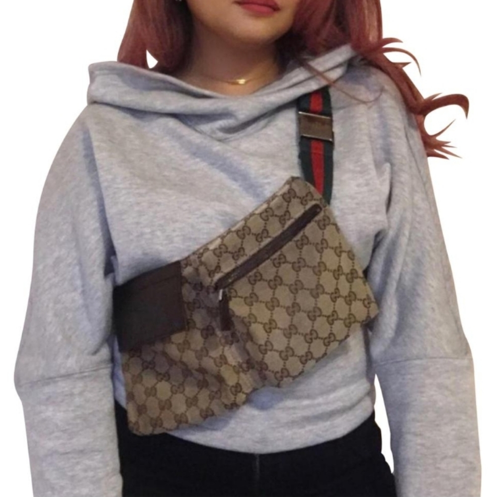 Authentic Gucci GG Monogram Supreme Sherry Web Waist Belt Fanny Bum Crossbody